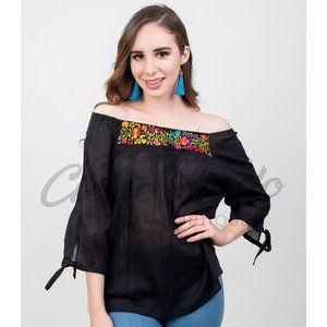 Mexican Black Shirt off the Shoulders Floral Multi color Embroidery